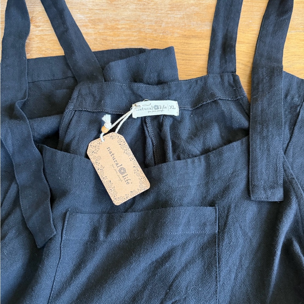 NATURAL LIFE Black Apron Jumper overalls with Front Pocket wide leg Tie Straps